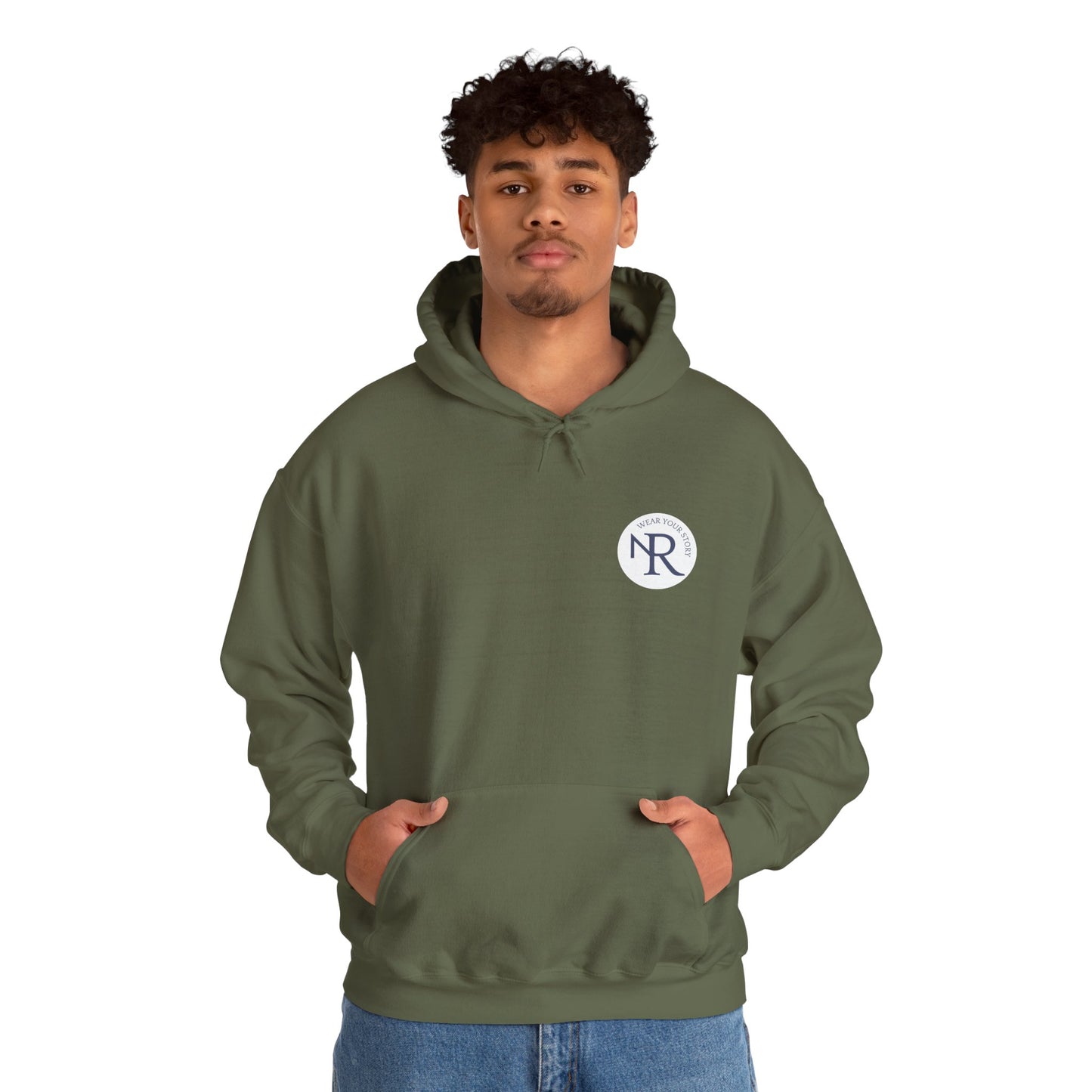 NR Minimal Monogram Hoodie — Olive Green NR Logo Casual Pullover
